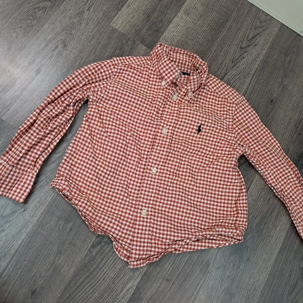 Ralph Lauren Boys Button Down Shirt Gingham Long Sleeve Orange Plaid 3T Pony